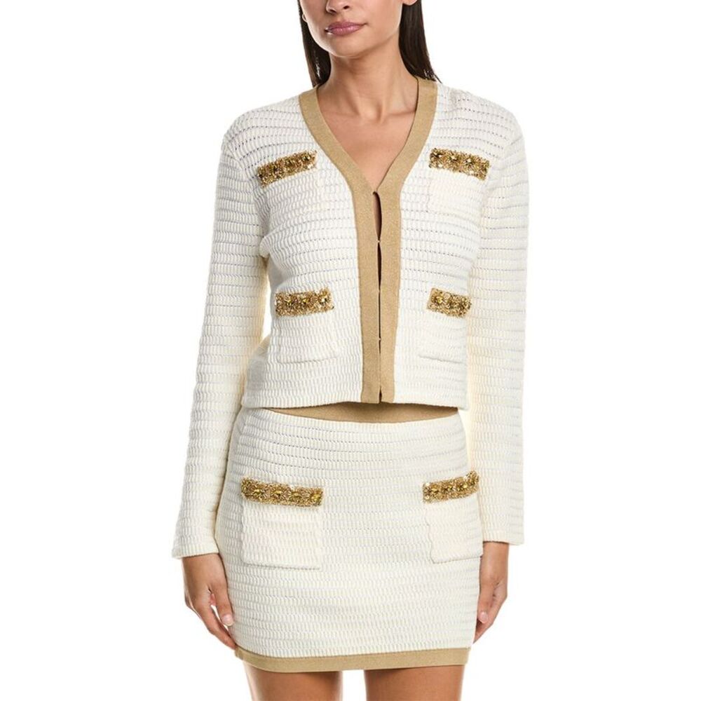 Milly Womens  Reid Gold Embellished V Neck Cardigan, Gold